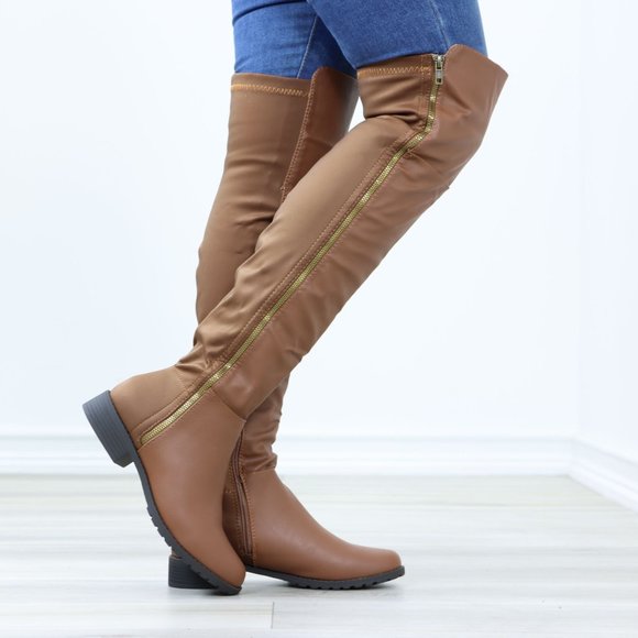 Tan Thigh High Over The Knee Faux Leather & Stretchy Material Low Heel Boot - Picture 2 of 15